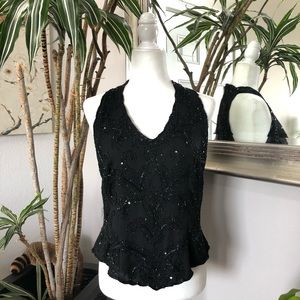 J KARA Black Beaded Sleeveless V Neck Top Sz Large